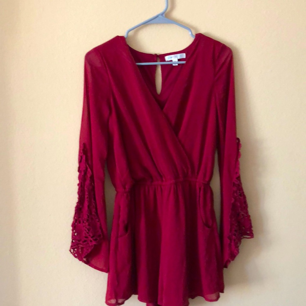 Love, Fire Lace Bell Sleeved Maroon Romper Pockets